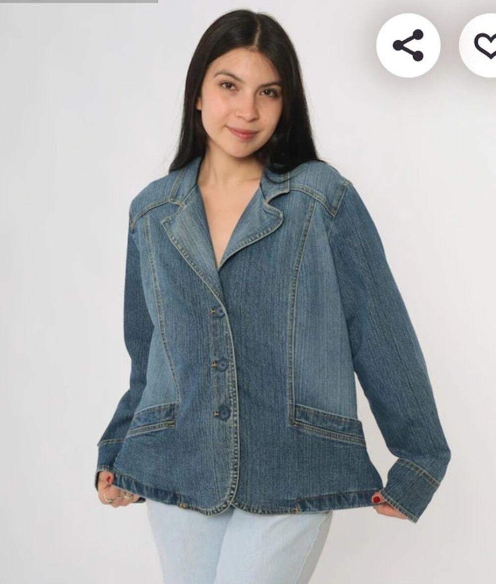 90s Minimalist Denim Blazer St. Johns Bay Tailored Stretch Y2K Corporate Chic XL